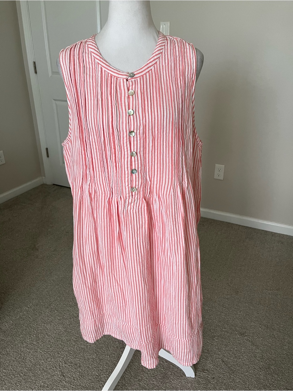 NWOT Quince 100% Organic Cotton Pink White Striped Sleeveless Swing Dress Size L